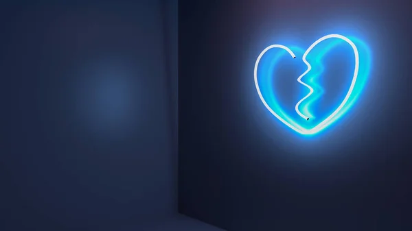 Renderowania Ilustracja Serca Złamać Neon Znak Świetlny Ścianie — Zdjęcie stockowe
