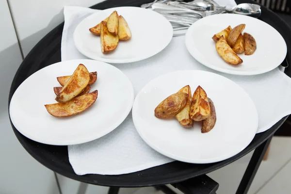 Sabrosas Papas Horno Platos Blancos Comida Rápida — Foto de Stock