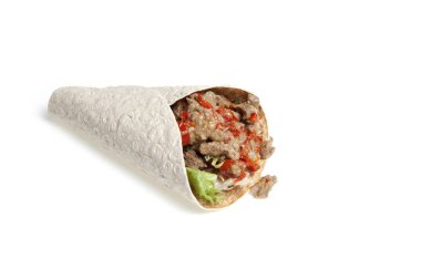 Aperatif fast food, donör, kebap sandviçi, et ve sebzeli shawarma. - Yakın çekim. Boşluğu kopyala.