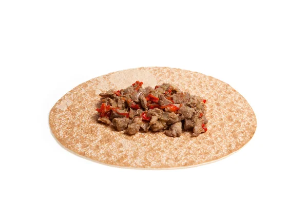 Arabiska Eller Mexikanska Bröd Med Kött Och Grönsaker Rund Tortilla — Stockfoto