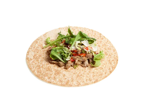 Arab Vagy Mexikói Vékony Kenyér Hússal Zöldséggel Kerek Tortilla Könnyű — Stock Fotó