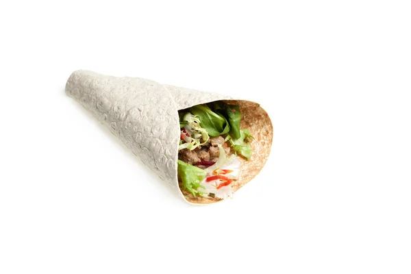 Appetizing Fast Food Doner Kebab Sandwich Shawarma Meat Vegetables Closeup — Stock Photo, Image