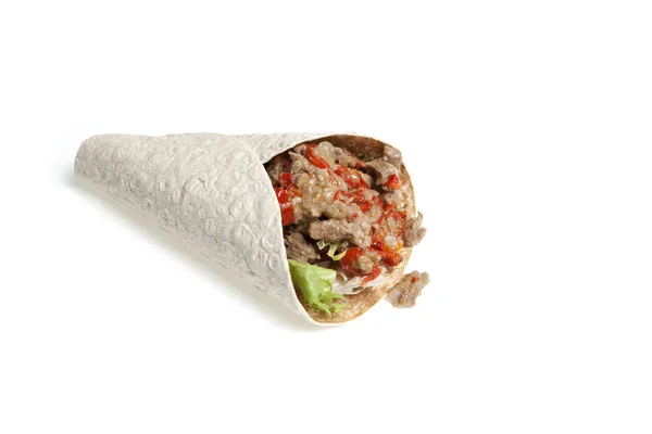 Appetizing Fast Food Doner Kebab Sandwich Shawarma Meat Vegetables Closeup — Stock Photo, Image