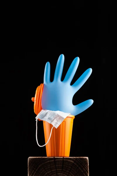 Inflated Disposable Glove Medical Mask Trash Can Concept Nature New — Stock Photo, Image