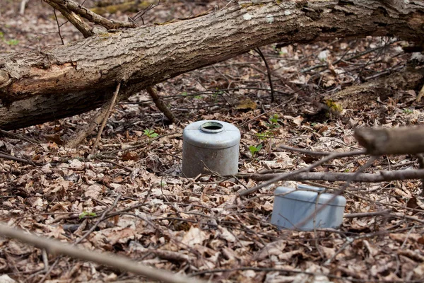 Long decaying waste in nature. Abandoned plastic tanks have long been lying on the ground in the forest.