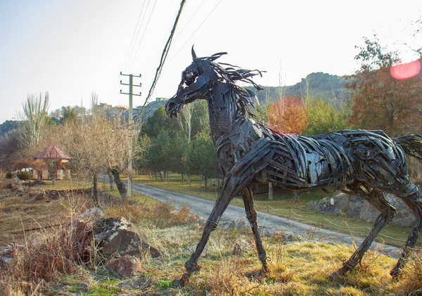 空の下の庭の鉄の馬 — ストック写真