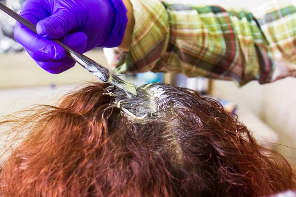 Der Friseur Färbt Seiner Kundin Schönheitssalon Die Haare — Stockfoto