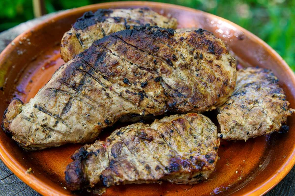 Teller mit großen Stück Schweinefleisch auf dem Grill gebraten. — Stockfoto