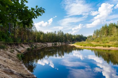 Sonbahar manzara. Orman, mavi gökyüzü w ile nehir akar
