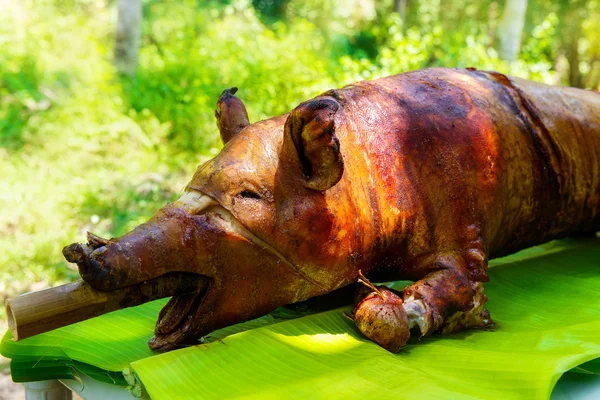 Cerdo lechón asado al fuego servido sobre hojas de plátano. Comida filipina — Foto de Stock