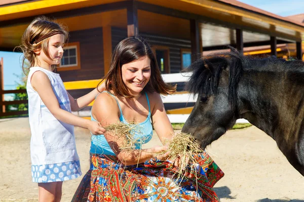 Mutter und Tochter werden auf dem Hof mit Stroh-Ponys gefüttert. — Stockfoto