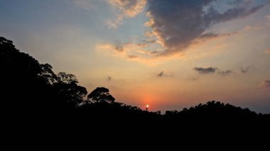 Yağmur ormanlarının üzerinde gün batımı. Ormandaki ağaçlar alacakaranlık gökyüzüne karşı