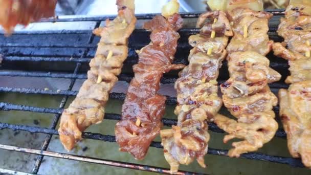 Hús Kebab Nyárson Főzés Utcai Piacon Bbq — Stock videók