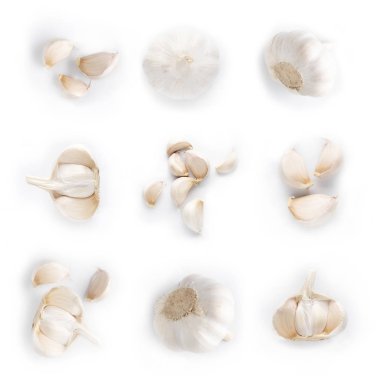 collage of fragrant garlic isolated on white background