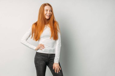 pretty lady with long red hair isolated over white background