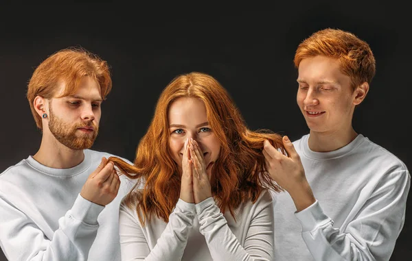 Cheerful caucasian redhead people smile isolated over black background — ストック写真