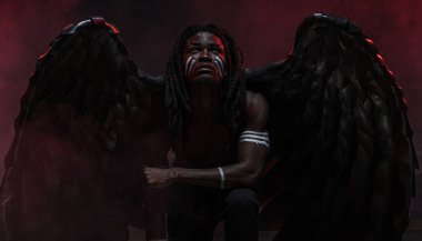 fallen Belial sitting on the ground and look up
