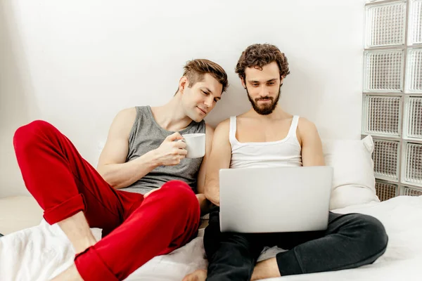 Happy young caucasian gay couple spend time at home using laptop computer — Zdjęcie stockowe