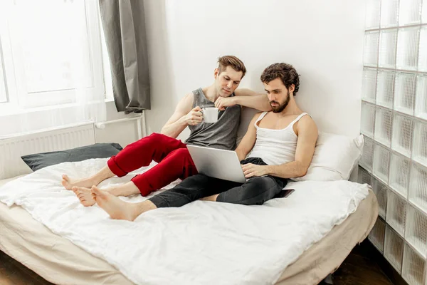 Young caucasian gays have leisure time at home — Zdjęcie stockowe