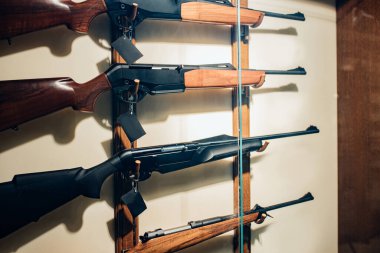 close-up photo of different rifles on showcase