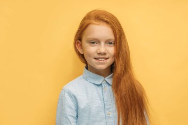 İzole edilmiş güzel, pozitif kızıl saçlı bir kızın portresi.