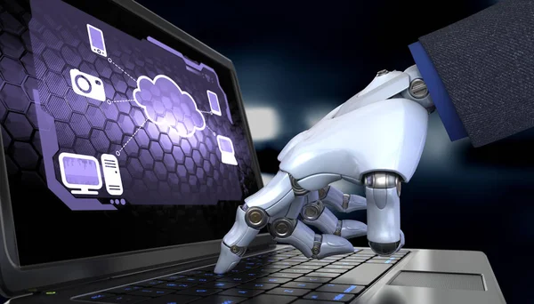 Mão robô trabalhando com um diagrama de computação em nuvem na tela do laptop — Fotografia de Stock