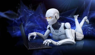 Robot yerde yatarken ve dizüstü bilgisayar kullanarak
