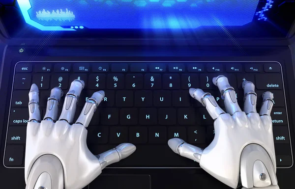 Mâinile robotului tastând pe tastatură — Fotografie, imagine de stoc