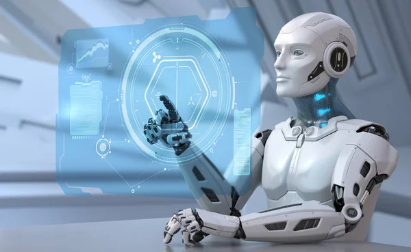 Robot is working with futuristic touchscreen — Stock Photo, Image