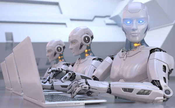 Roboții Lucrează Laptopul Ilustrație — Fotografie, imagine de stoc