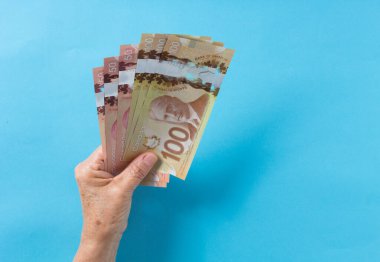 Kanada 'dan banknotlar. Dolar. Kanada parası. Faturaları tutan yaşlı kadının en üst görüntüsü..