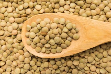 Lens Culinaris, bilimsel adı Mercimek Baklava. Lentilha Canadense (Portekizce) ya da Lentejas (İspanyolca) olarak da bilinir. Tahta kaşıkta tahıllar. Kapat..