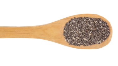 Salvia Hispanica, Chia Seed 'in bilimsel adıdır. Ayrıca Semente de Chia (Portekizce) olarak da bilinir. Tahta bambu kaşığı üzerinde tahıllar. Beyaz arkaplan.