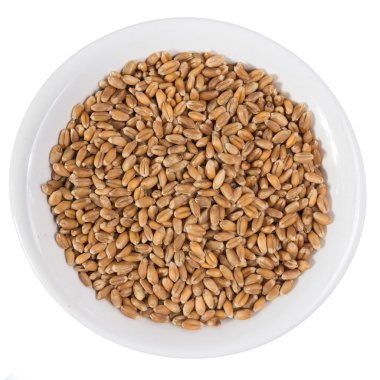 Triticum aestivum, buğday gevreğinin bilimsel adıdır. Trigo (Portekizce ve İspanyolca) olarak da bilinir. Seramik kasesindeki tahılların en üst görüntüsü.