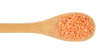 Mercek mutfağı, Türk Kırmızı Mercimek Baklagil 'inin bilimsel adıdır. Ayrıca Lentilha Vermelha (Portekizce) olarak da bilinir. Tahta bambu kaşığı üzerinde tahıllar. Beyaz arkaplan.