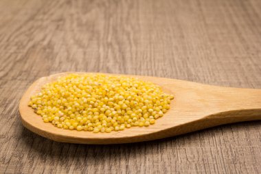 Panik miliasyum Proso Millet mısır gevreğinin bilimsel adıdır. Süpürge Millet, Painco (Portekizce) ve Mijo (İspanyolca) olarak da bilinir. Tahta kaşıkta tahıllar. Kırsal.