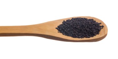 Sesamum radiatum, Benniseed 'in bilimsel adıdır. Ayrıca Black Susame, Gergelim Preto (Portekizce) ve Susamo Negro (İspanyolca) olarak da bilinir. Tahta kaşık üzerinde tahıllar, izole beyaz arkaplan.