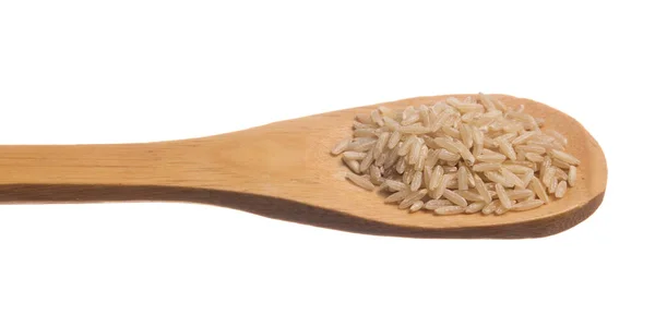 水稻是中国稻种的学名 木勺上的谷物 孤立的白色背景 — 图库照片