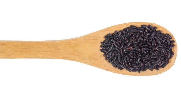 Oyza Sativa是黑米种子的科学名称 也被称为Arroz Negro 葡萄牙语 木竹勺子上的谷物 白人背景 — 图库照片