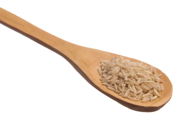 水稻是中国稻种的学名 木勺上的谷物 孤立的白色背景 — 图库照片