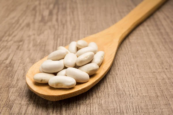 Phaseolus vulgaris is scientific name of Navy Bean legume. Also known as Haricot, Pearl Bean and Feijao Branco. Spoon and grains over wooden table.