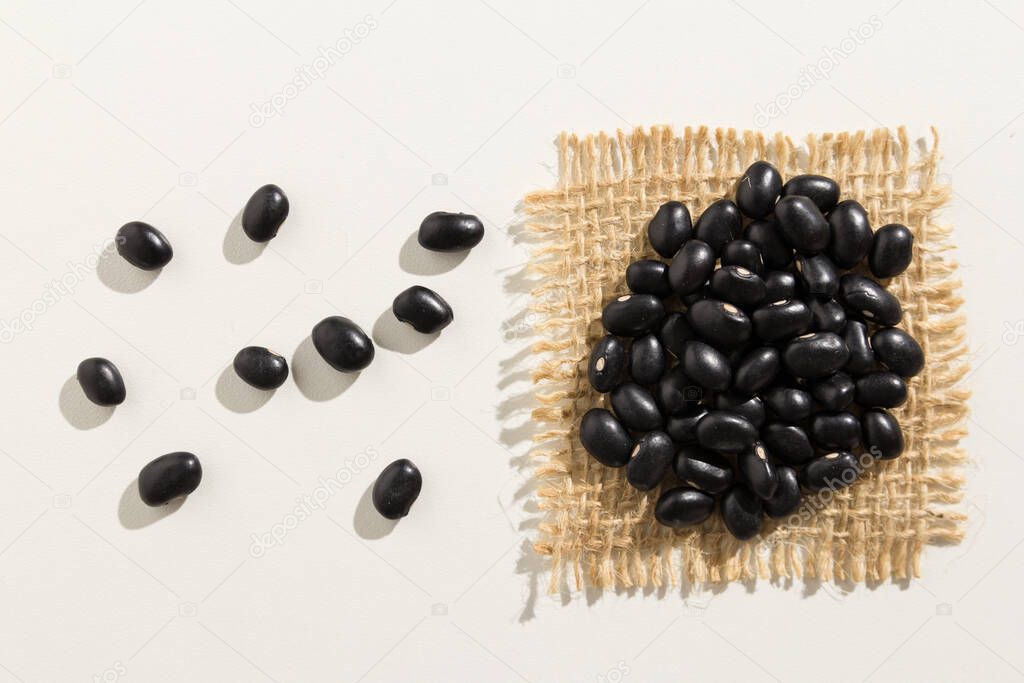 Phaseolus vulgaris is scientific name of Black Turtle Bean legume. Also known as Frijoles Negros and Feijao Preto. Close up of grains spreaded over white table.