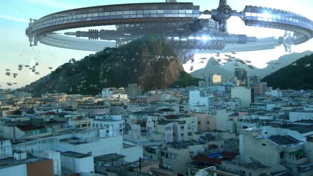 Fleet Wheel Shaped Unidentified Flying Objects Drones Buildings Rio Janeiro — Stock Video