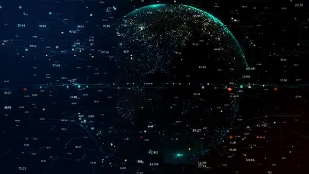 世界中の未来的なサイバーネットワーク接続ラインで回転する惑星地球の3Dアニメーションニューラルネットワークは ビジネスコンセプトにおけるデータと暗号通貨の交換を表します — ストック動画