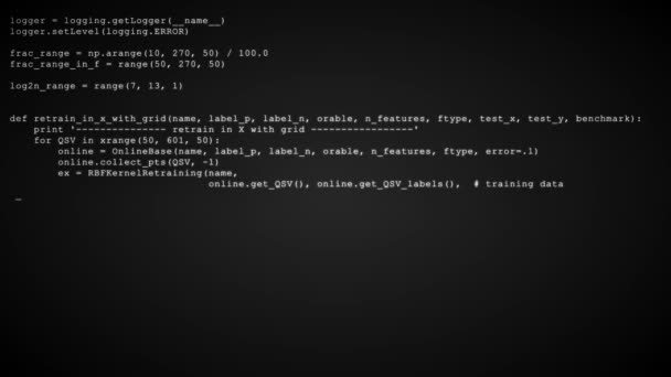 Hacking Code Datenfluss Auf Schwarzem Computerbildschirm Mit Verschlüsselter Schneller Eingabe — Stockvideo