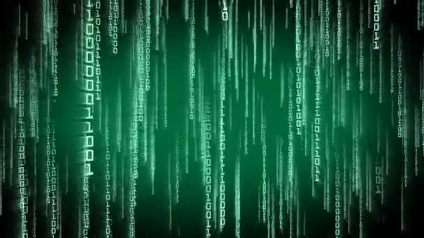明るい1と0コードコンピュータ技術ネットワークと暗号通貨ブロックチェーンコンセプトループアルファマットとマトリックススタイルの未来的なシームレス3Dアニメーションで落ちるバイナリ緑の粒子 — ストック動画