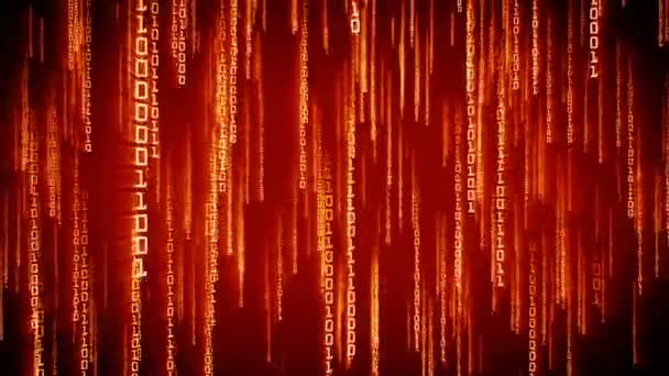 明るい1と0コードコンピュータ技術ネットワークと暗号通貨ブロックチェーンコンセプトループアルファマットとマトリックススタイルの未来的なシームレス3Dアニメーションで落ちるバイナリ赤い粒子 — ストック動画