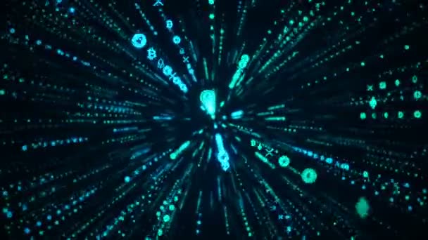 Cryptocurrency Symbols Stream Seamless Loop Digital Futuristic Data Tunnel Computer — 비디오