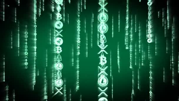 Цифрові Зелені Криптографічні Монети Падають Матричному Стилі Футуристична Безшовна Анімація — стокове відео