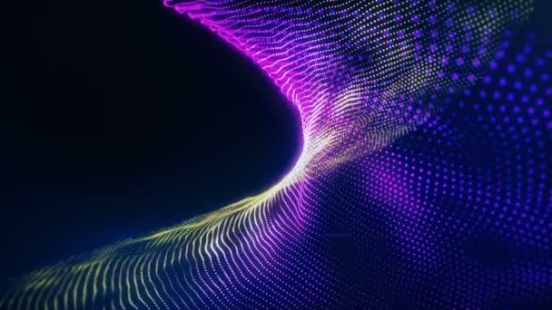 带波纹的数字粒子表面无缝环路抽象的未来发光去聚焦孤立点模拟运动网络系统中的数据流 — 图库视频影像